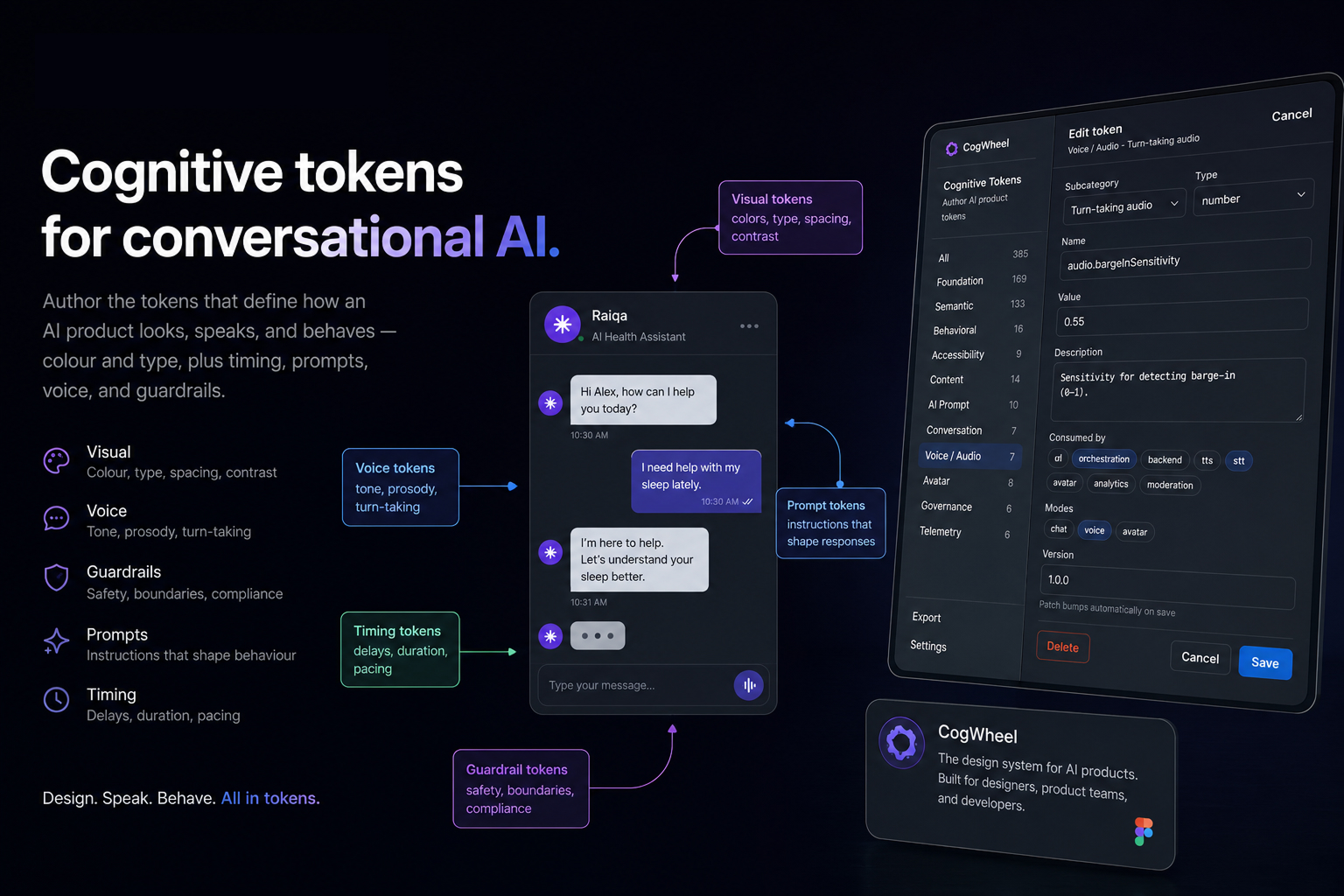 CogWheel plugin collage showing token categories, editors, and seed set